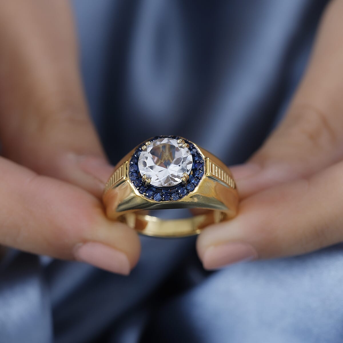 Brazilian Petalite and Blue Sapphire Men's Ring in 18K Vermeil Yellow Gold Sterling Silver (Size 12.0) 3.70 ctw image number 2