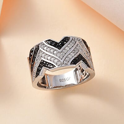 GP Royal Art Deco Collection Black and White Diamond Men's Ring in Rhodium Over Sterling Silver (Size 6.0) 0.50 ctw