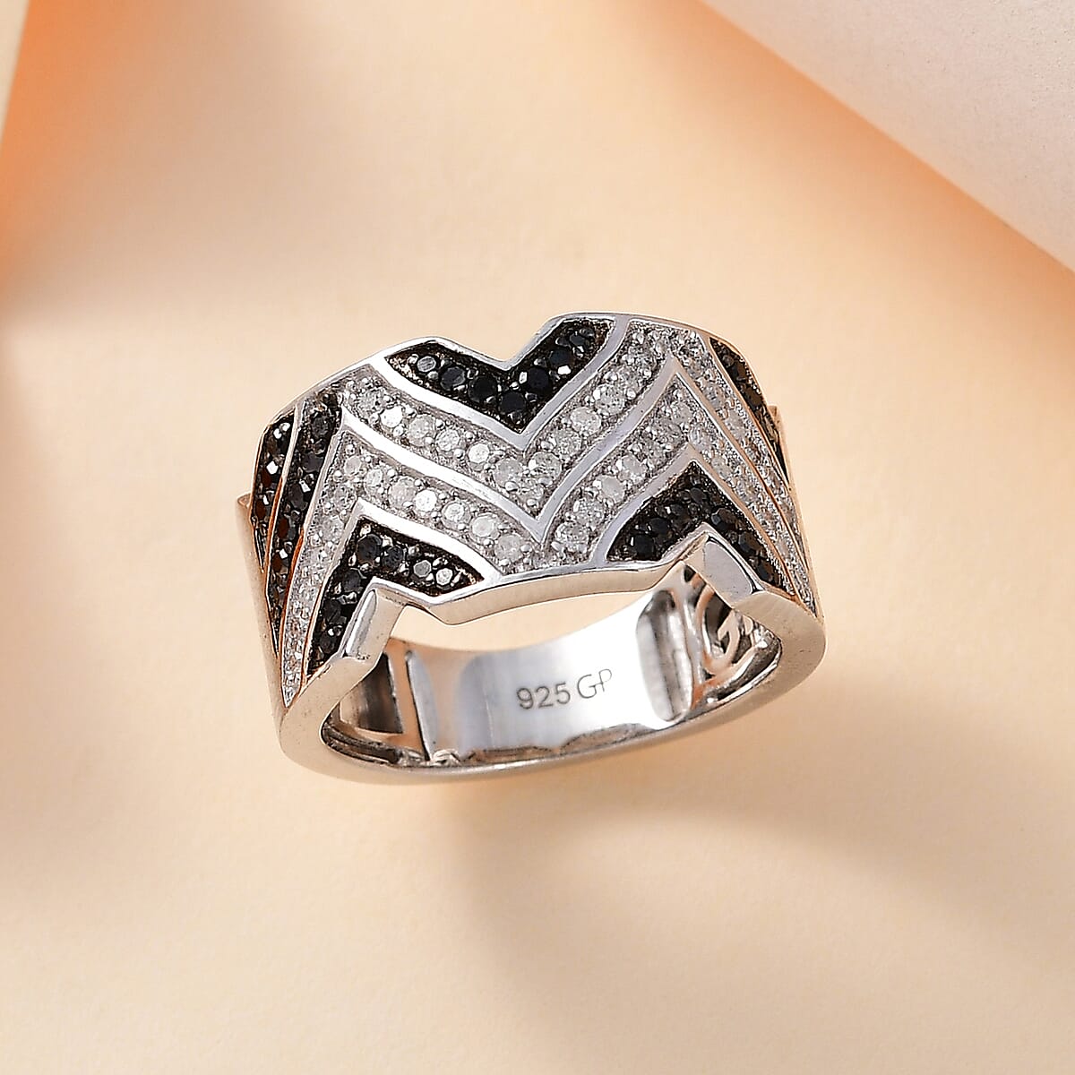 GP Royal Art Deco Collection Black and White Diamond Men's Ring in Rhodium Over Sterling Silver (Size 9.0) 0.50 ctw image number 1