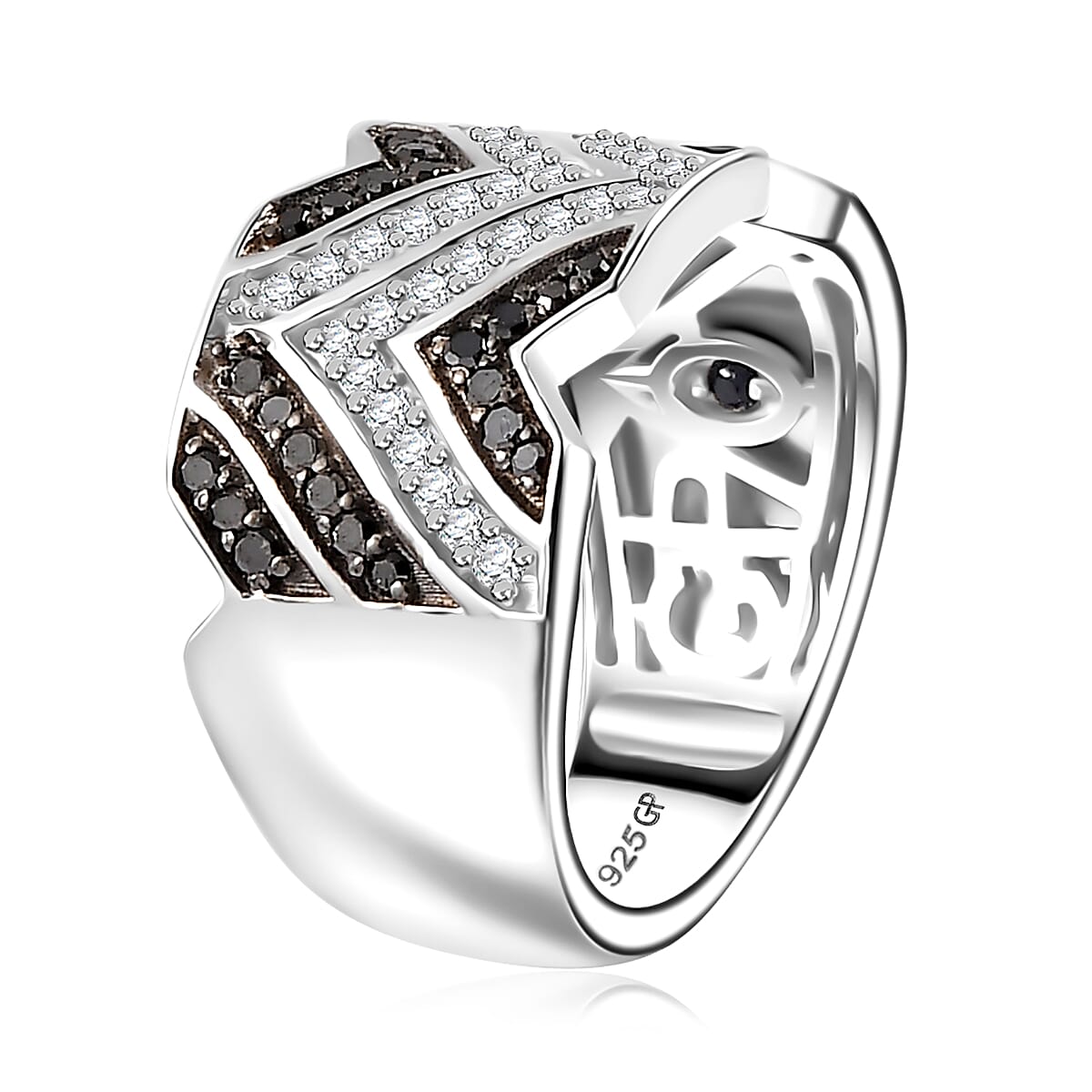 GP Royal Art Deco Collection Black and White Diamond Men's Ring in Rhodium Over Sterling Silver (Size 9.0) 0.50 ctw image number 3