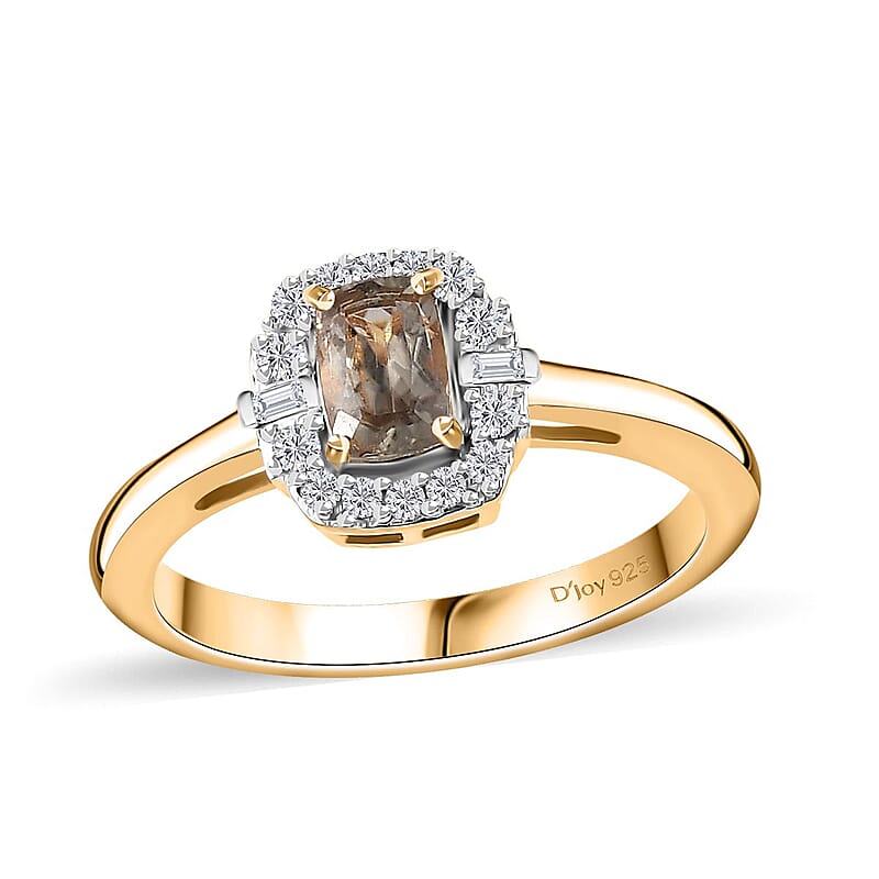 AAA Turkizite and White Zircon Halo Ring in 18K Vermeil Yellow Gold Over Sterling Silver (Size 5.0) 0.90 ctw