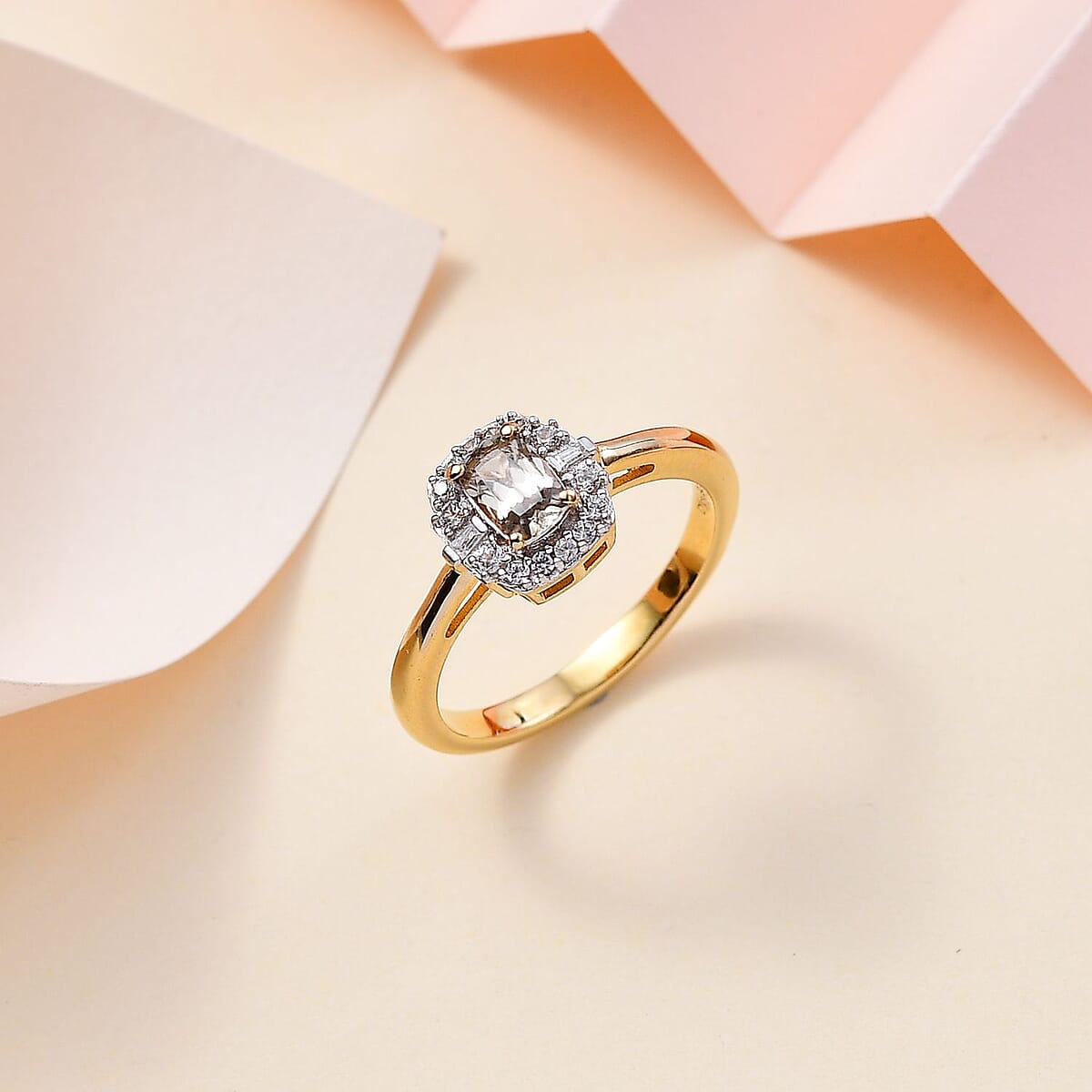 AAA Turkizite and White Zircon Halo Ring in 18K Vermeil Yellow Gold Over Sterling Silver (Size 5.0) 0.90 ctw image number 1