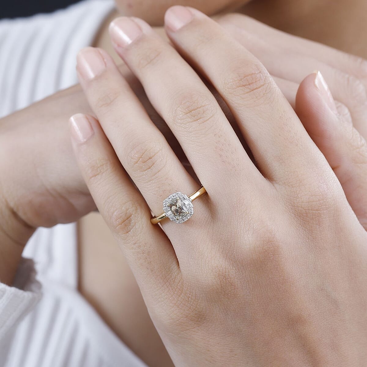 AAA Turkizite and White Zircon Halo Ring in 18K Vermeil Yellow Gold Over Sterling Silver (Size 5.0) 0.90 ctw image number 2