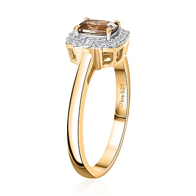 AAA Turkizite and White Zircon Halo Ring in 18K Vermeil Yellow Gold Over Sterling Silver (Size 5.0) 0.90 ctw