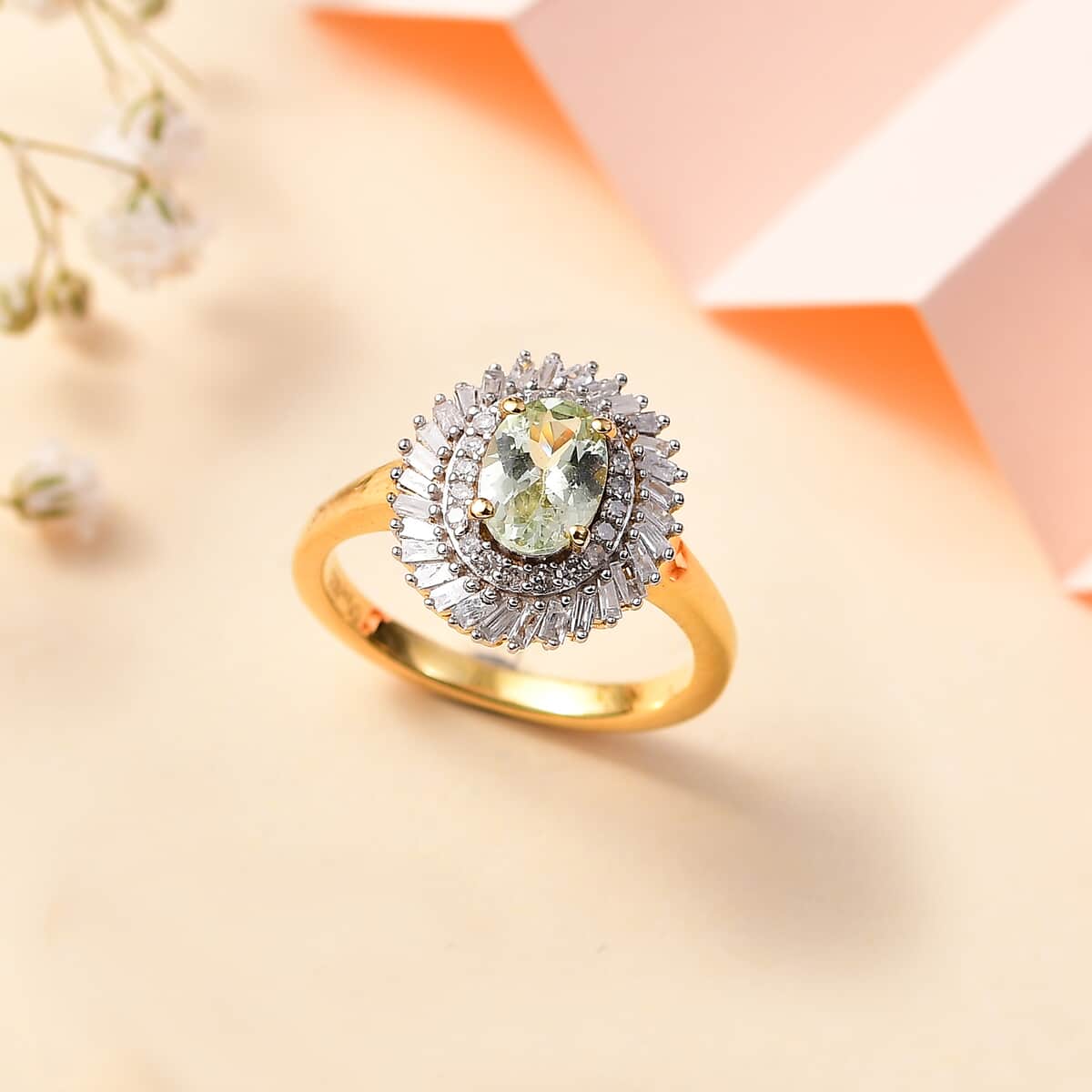 Premium Meralani Mint Garnet, White Diamond (0.30 cts) Ring in 18K Vermeil YG Over Sterling Silver (Size 5.0) 1.15 ctw image number 1