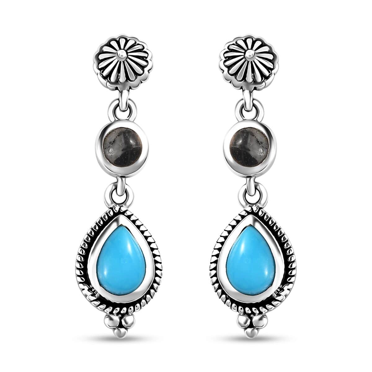 Artisan Crafted Sleeping Beauty Turquoise and White Buffalo Dangling Earrings in Sterling Silver 2.00 ctw image number 0