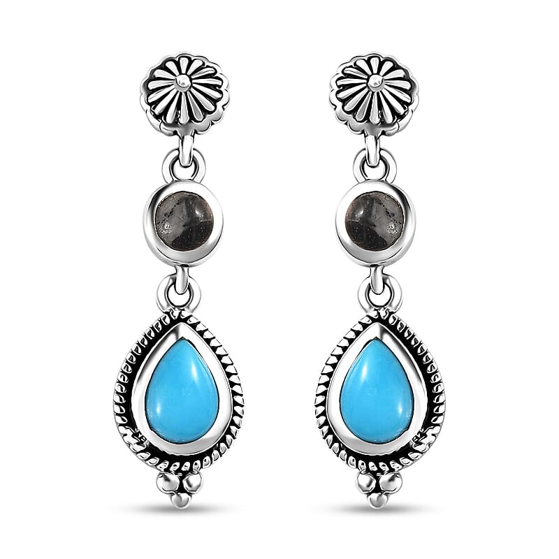D'Joy Artisan Crafted Sleeping Beauty Turquoise and White Buffalo Dangling Earrings in Sterling Silver 2.00 ctw