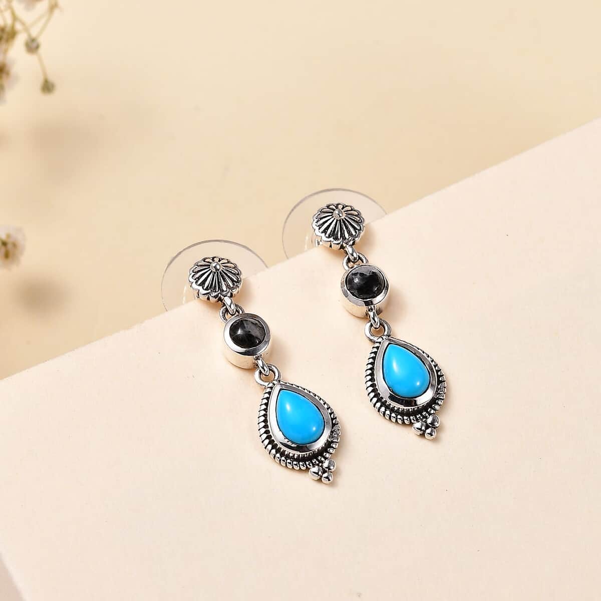 Artisan Crafted Sleeping Beauty Turquoise and White Buffalo Dangling Earrings in Sterling Silver 2.00 ctw image number 1