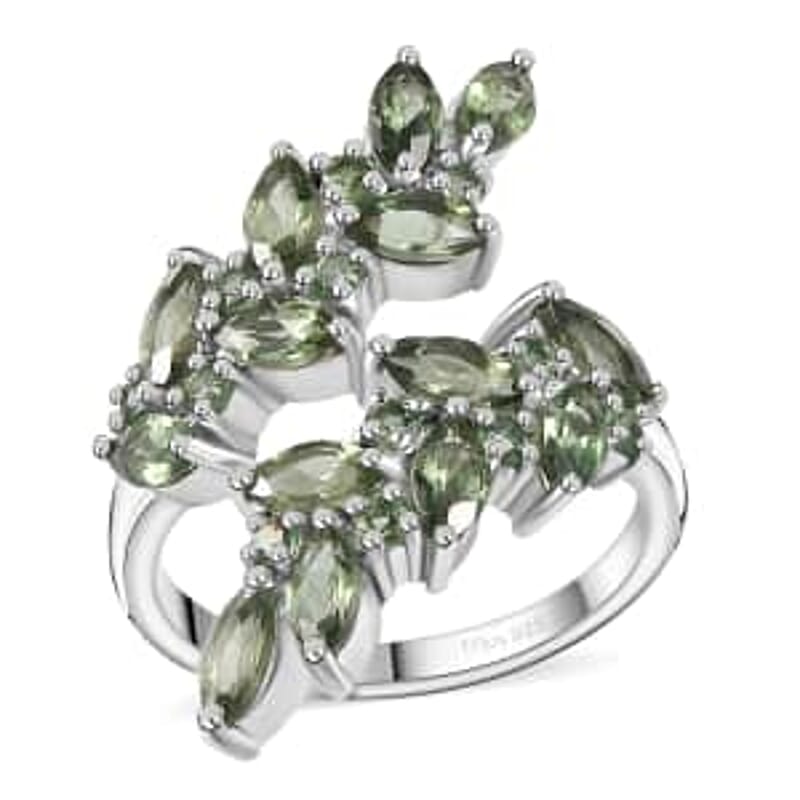 D'Joy Andranomaro Green Apatite Bypass Leaf Ring in Rhodium Over Sterling Silver (Size 6.0) 4.35 ctw