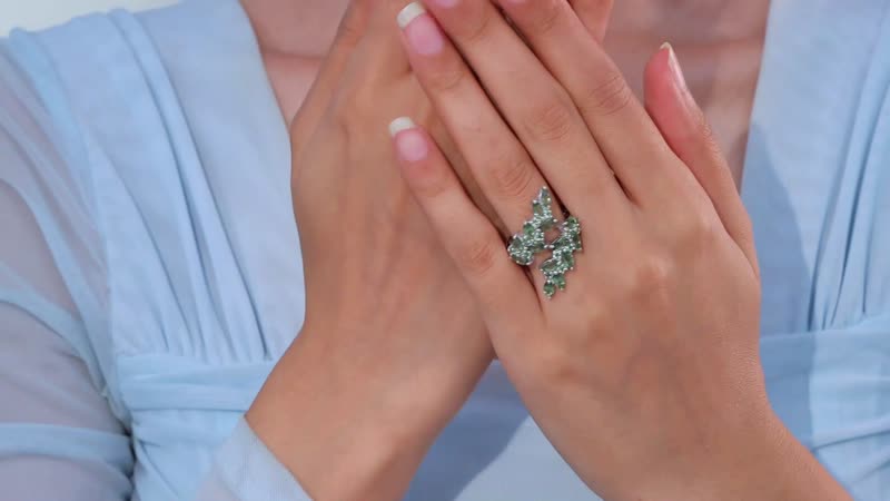 Natural Green Apatite Bypass Leaf Ring in Rhodium Over Sterling Silver (Size 6.0) 4.35 ctw