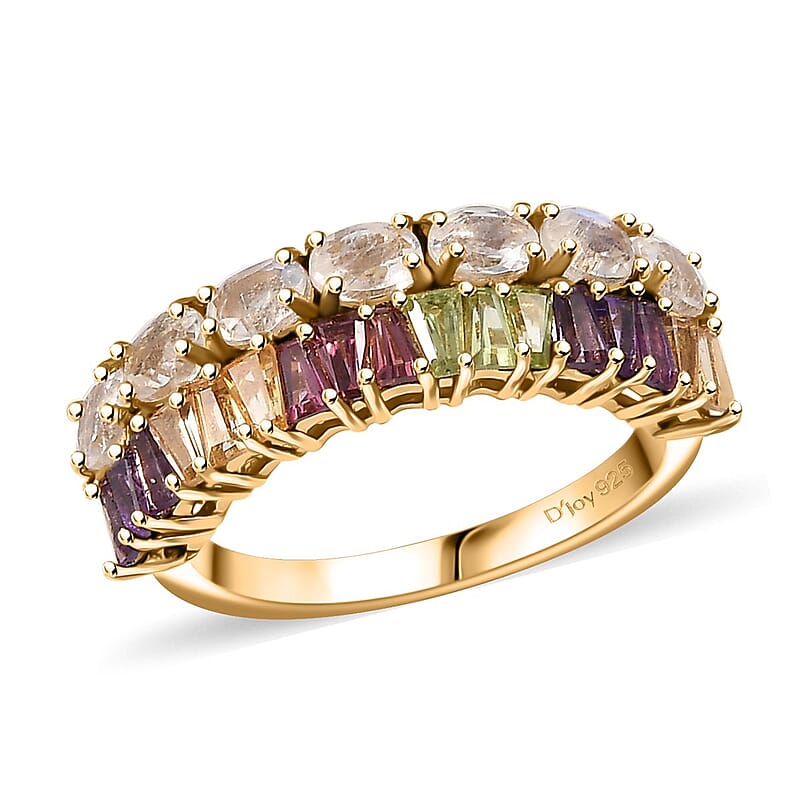Moon Glow Moonstone and Multi Gemstone Rainbow Ring in 18K Vermeil Yellow Gold Over Sterling Silver (Size 6.0) 2.15 ctw
