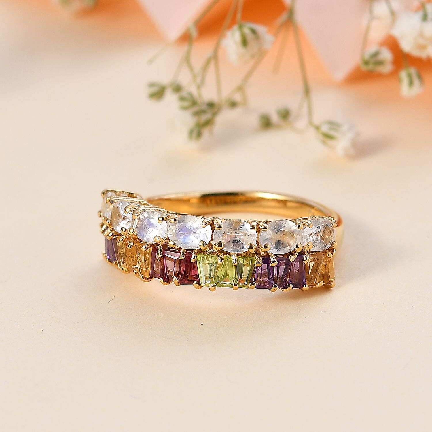 Moon Glow Moonstone and Multi Gemstone Rainbow Ring in 18K Vermeil Yellow Gold Over Sterling Silver (Size 6.0) 2.15 ctw