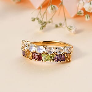 Moon Glow Moonstone and Multi Gemstone Rainbow Ring in 18K Vermeil Yellow Gold Over Sterling Silver (Size 6.0) 2.15 ctw