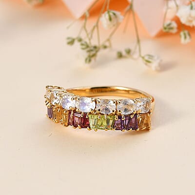Moon Glow Moonstone and Multi Gemstone Rainbow Ring in 18K Vermeil Yellow Gold Over Sterling Silver (Size 6.0) 2.15 ctw
