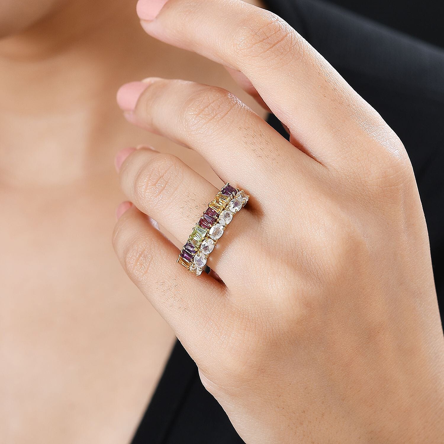 Moon Glow Moonstone and Multi Gemstone Rainbow Ring in 18K Vermeil Yellow Gold Over Sterling Silver (Size 6.0) 2.15 ctw
