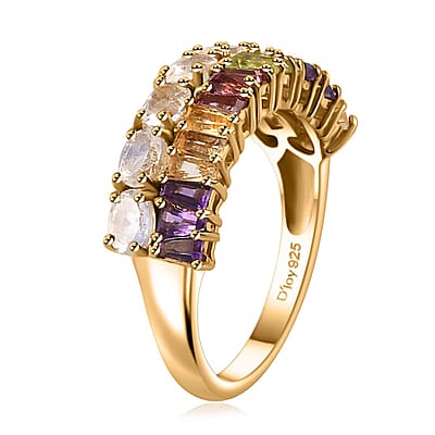 Moon Glow Moonstone and Multi Gemstone Rainbow Ring in 18K Vermeil Yellow Gold Over Sterling Silver (Size 6.0) 2.15 ctw