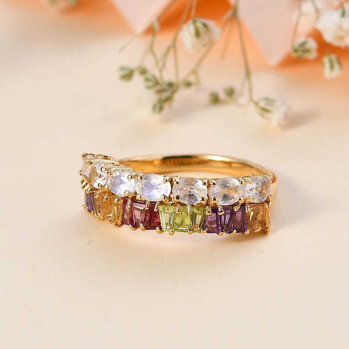 Moon Glow Moonstone and Multi Gemstone Rainbow Ring in 18K Vermeil Yellow Gold Over Sterling Silver (Size 8.0) 2.15 ctw image number 1