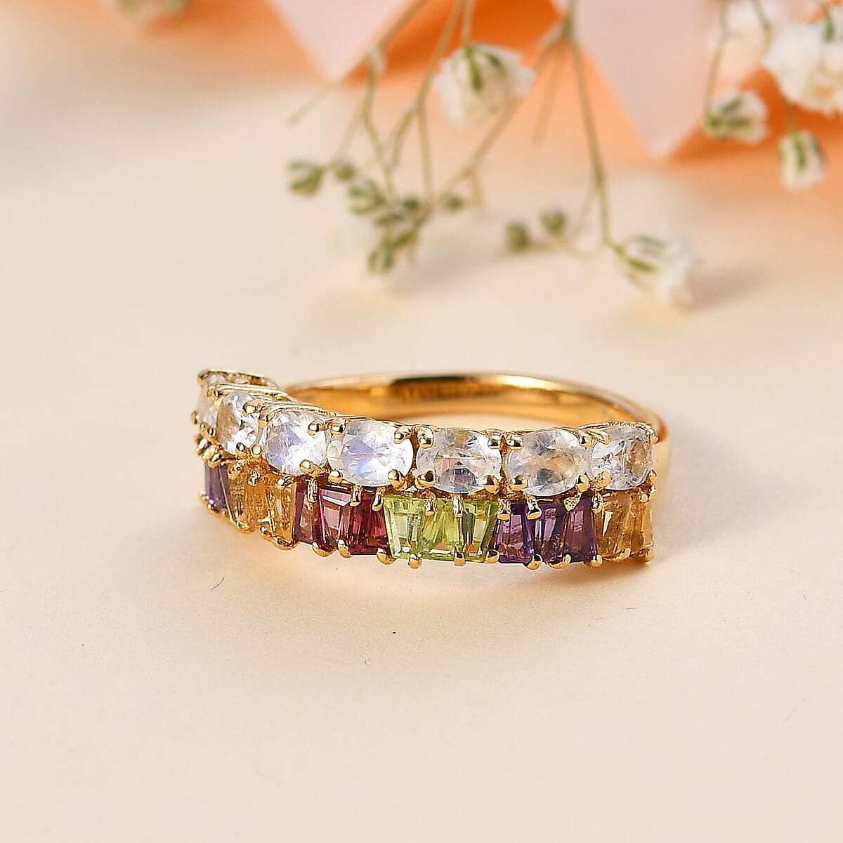 Moon Glow Moonstone and Multi Gemstone Rainbow Ring in 18K Vermeil Yellow Gold Over Sterling Silver (Size 9.0) 2.15 ctw image number 1