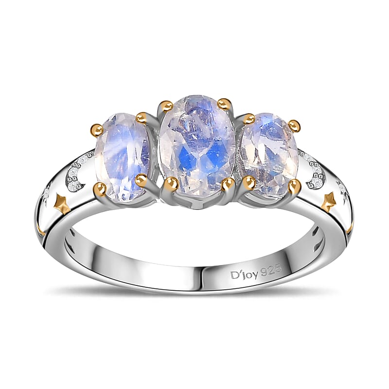 Moon Glow Moonstone, White Zircon Moon and Star Ring in 18K Vermeil YG and Rhodium Over Sterling Silver (Size 5.0) 1.60 ctw