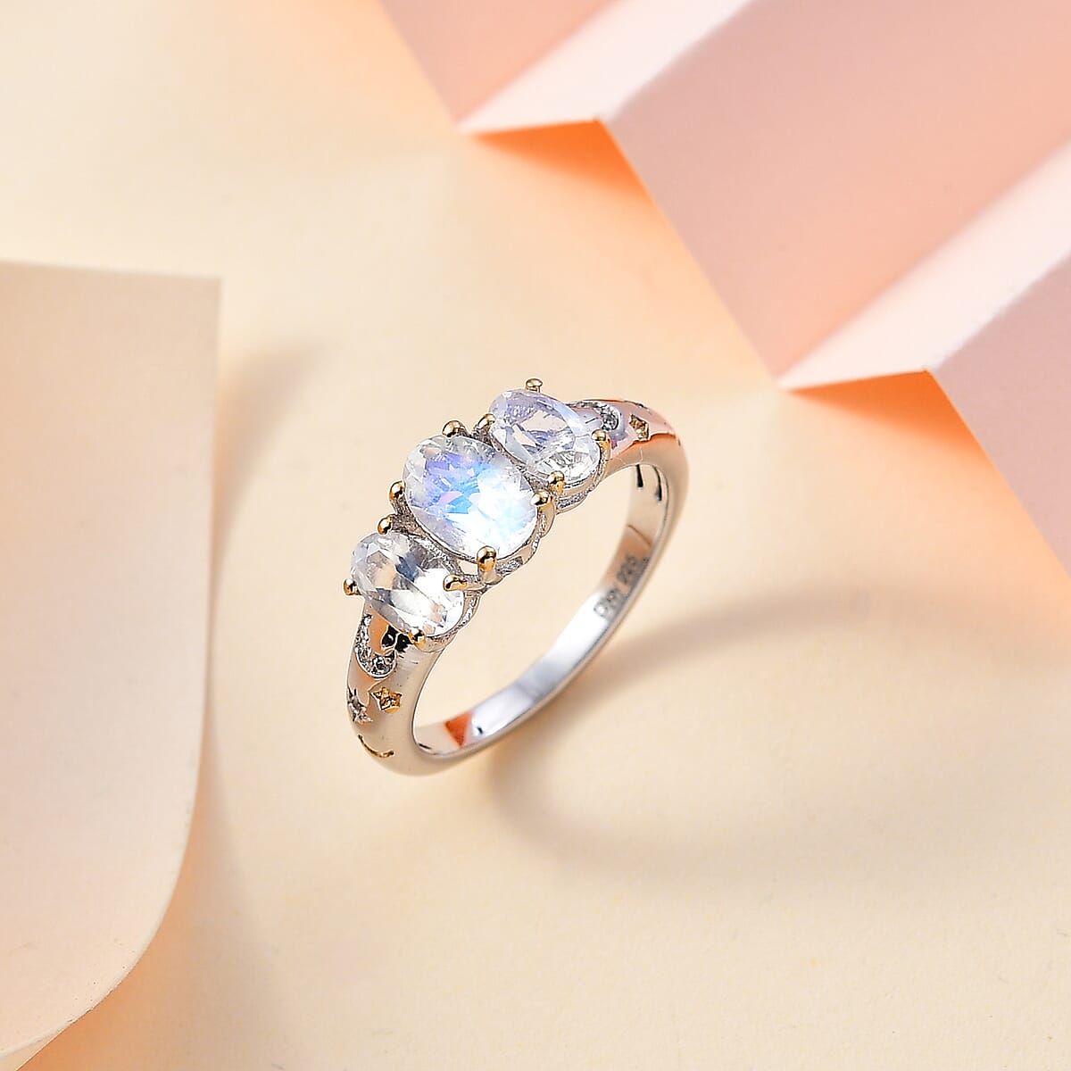 Moon Glow Moonstone, White Zircon Moon and Star Ring in 18K Vermeil YG and Rhodium Over Sterling Silver (Size 5.0) 1.60 ctw image number 1