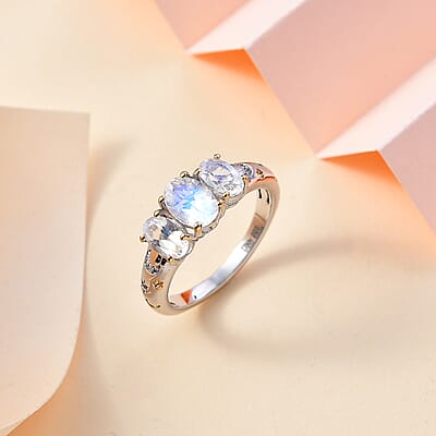 Moon Glow Moonstone, White Zircon Moon and Star Ring in 18K Vermeil YG and Rhodium Over Sterling Silver (Size 5.0) 1.60 ctw