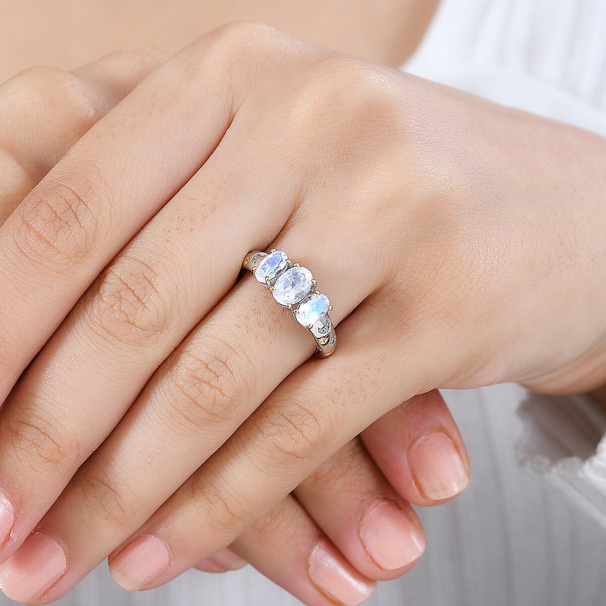 Moon Glow Moonstone, White Zircon Moon and Star Ring in 18K Vermeil YG and Rhodium Over Sterling Silver (Size 5.0) 1.60 ctw image number 2