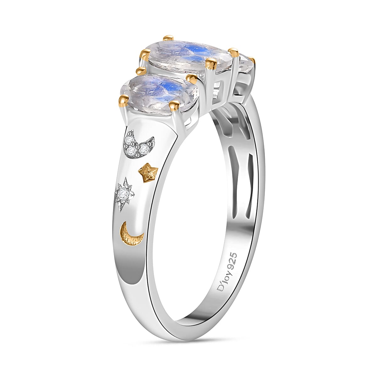 Moon Glow Moonstone, White Zircon Moon and Star Ring in 18K Vermeil YG and Rhodium Over Sterling Silver (Size 5.0) 1.60 ctw image number 3