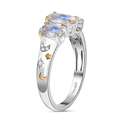 Moon Glow Moonstone, White Zircon Moon and Star Ring in 18K Vermeil YG and Rhodium Over Sterling Silver (Size 5.0) 1.60 ctw