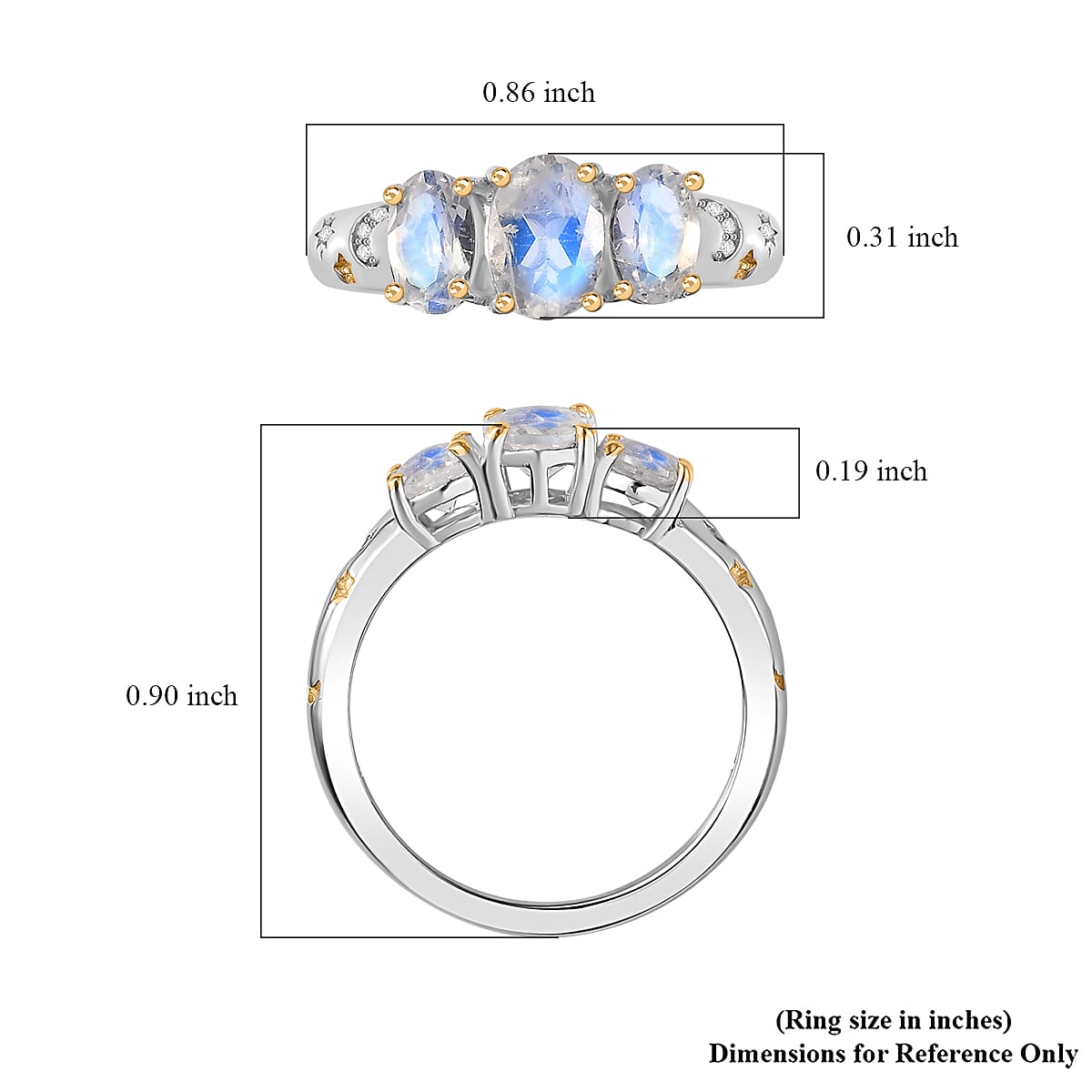 Moon Glow Moonstone, White Zircon Moon and Star Ring in 18K Vermeil YG and Rhodium Over Sterling Silver (Size 5.0) 1.60 ctw