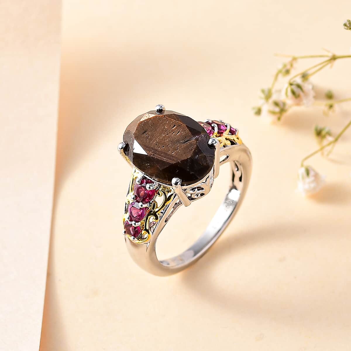 Zawadi Chocolate Sapphire and Orissa Rhodolite Garnet Ring in 18K Vermeil YG and Rhodium Over Sterling Silver (Size 6.0) 9.00 ctw image number 1