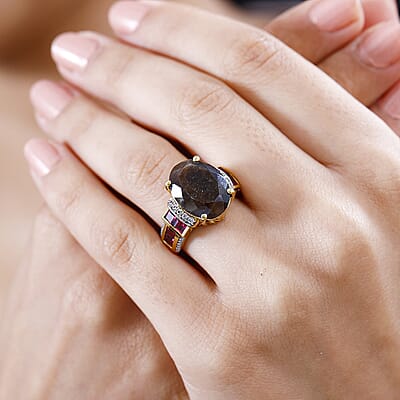 Zawadi Chocolate Sapphire and Orissa Rhodolite Garnet Ring in 18K Vermeil YG and Rhodium Over Sterling Silver (Size 6.0) 9.00 ctw