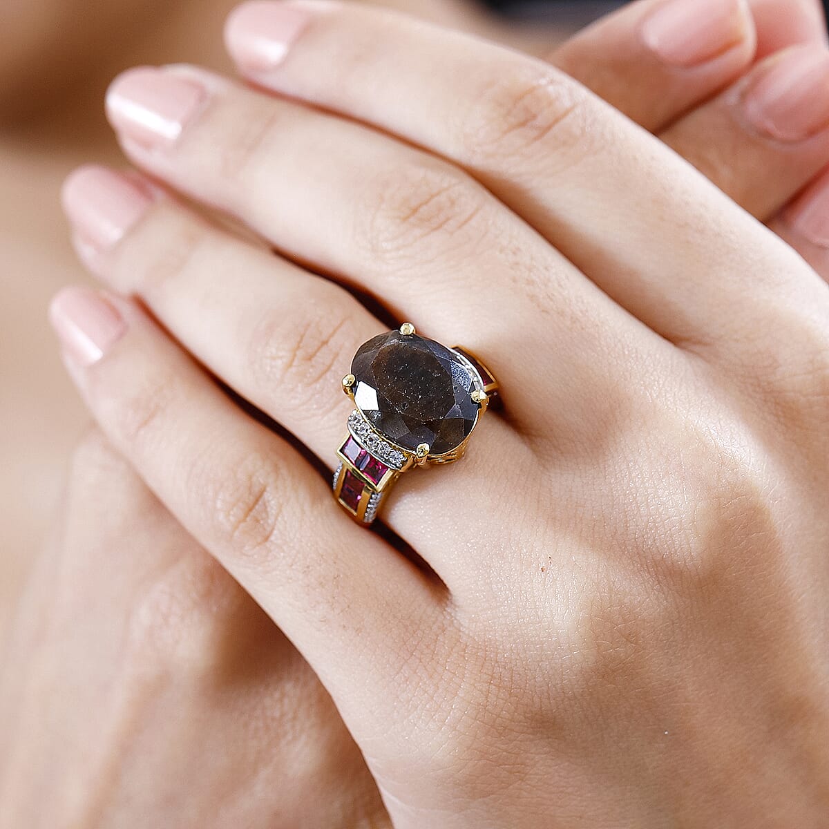 Zawadi Chocolate Sapphire and Orissa Rhodolite Garnet Ring in 18K Vermeil YG and Rhodium Over Sterling Silver (Size 10.0) 9.00 ctw image number 2