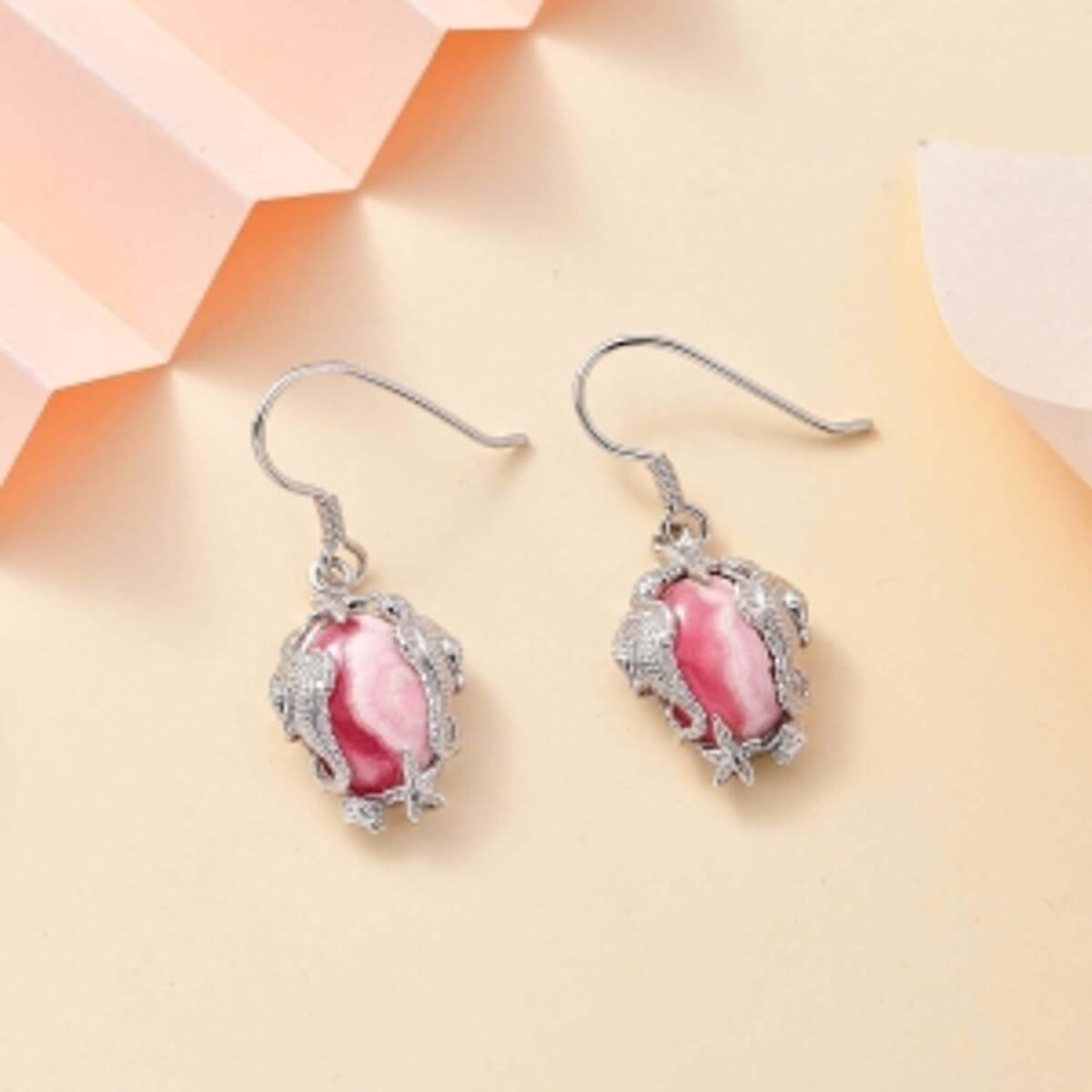 Rhodochrosite Lever Back 12.00 ctw Earrings in Rhodium Over Sterling Silver image number 1