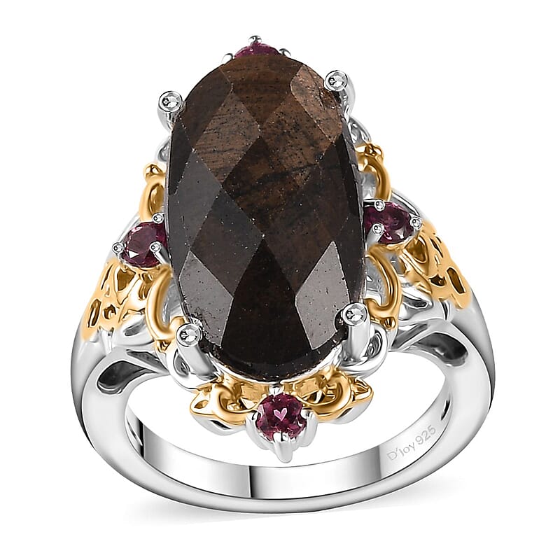 D'Joy Checkerboard Cut Zawadi Chocolate Sapphire and Orissa Rhodolite Garnet 14.20 ctw Victorian Era Ring in 18K Vermeil YG and Rhodium Over Sterling Silver (Size 6.0)