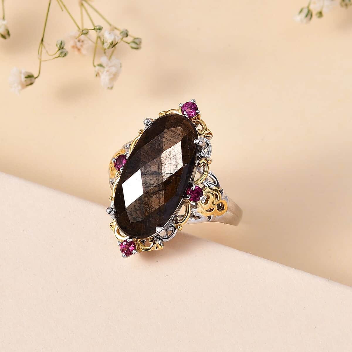 Checkerboard Cut Zawadi Chocolate Sapphire and Orissa Rhodolite Garnet 14.20 ctw Victorian Era Ring in 18K Vermeil YG and Rhodium Over Sterling Silver (Size 6.0) image number 1