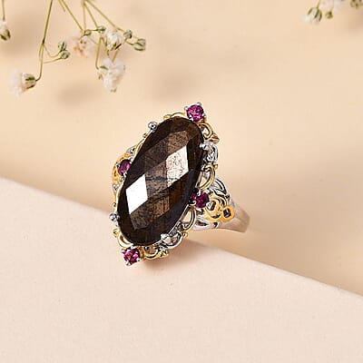 D'Joy Checkerboard Cut Zawadi Chocolate Sapphire and Orissa Rhodolite Garnet 14.20 ctw Victorian Era Ring in 18K Vermeil YG and Rhodium Over Sterling Silver (Size 6.0)
