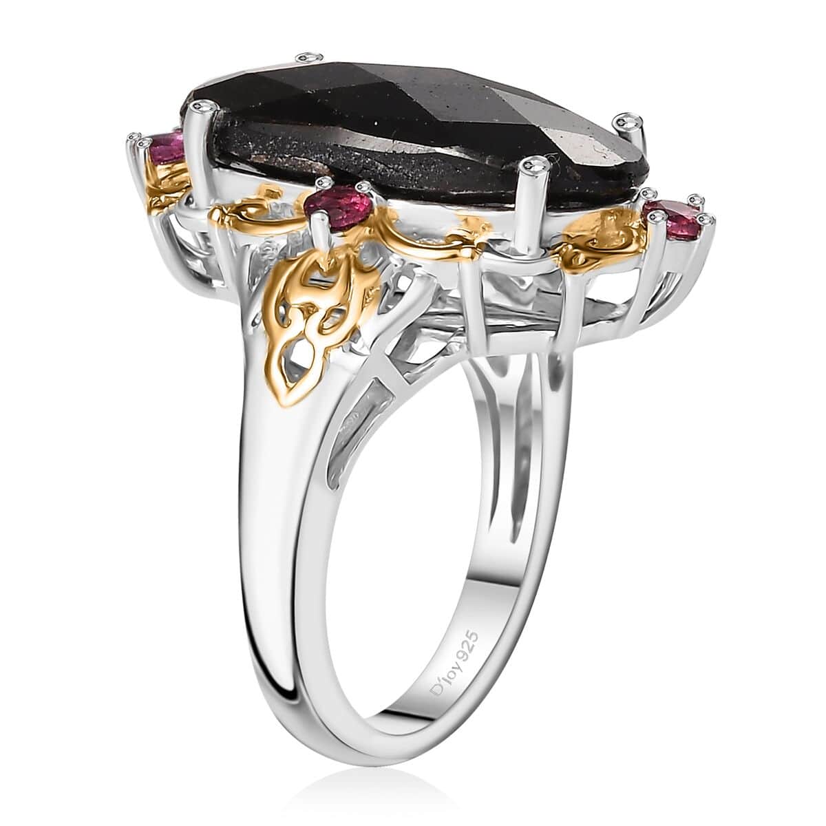 Checkerboard Cut Zawadi Chocolate Sapphire and Orissa Rhodolite Garnet 14.20 ctw Victorian Era Ring in 18K Vermeil YG and Rhodium Over Sterling Silver (Size 6.0) image number 3