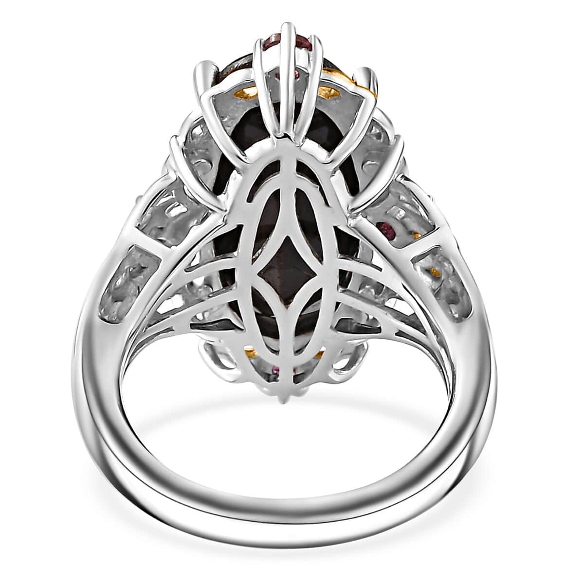 Checkerboard Cut Zawadi Chocolate Sapphire and Orissa Rhodolite Garnet 14.20 ctw Victorian Era Ring in 18K Vermeil YG and Rhodium Over Sterling Silver (Size 6.0) image number 4