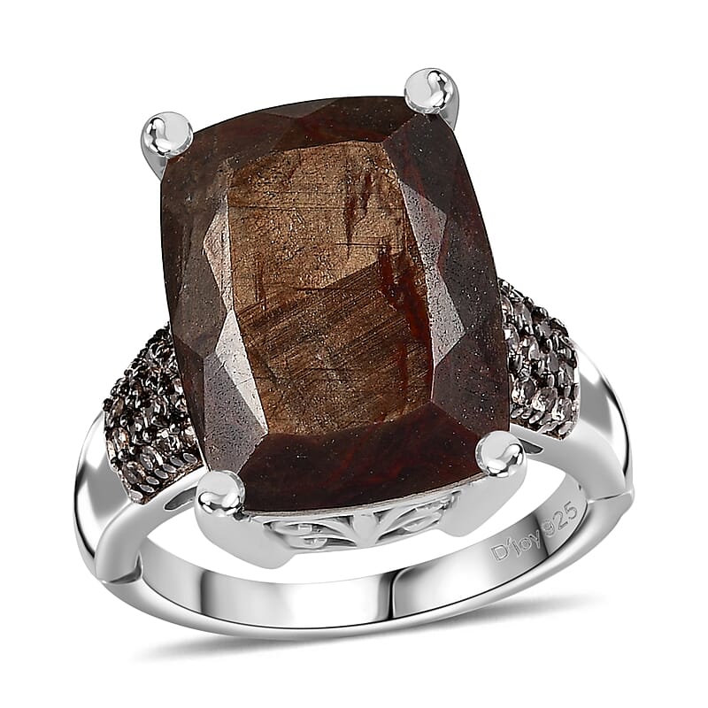 Zawadi Chocolate Sapphire and Champagne Zircon Ring in Rhodium Over Sterling Silver (Size 6.0) 16.15 ctw