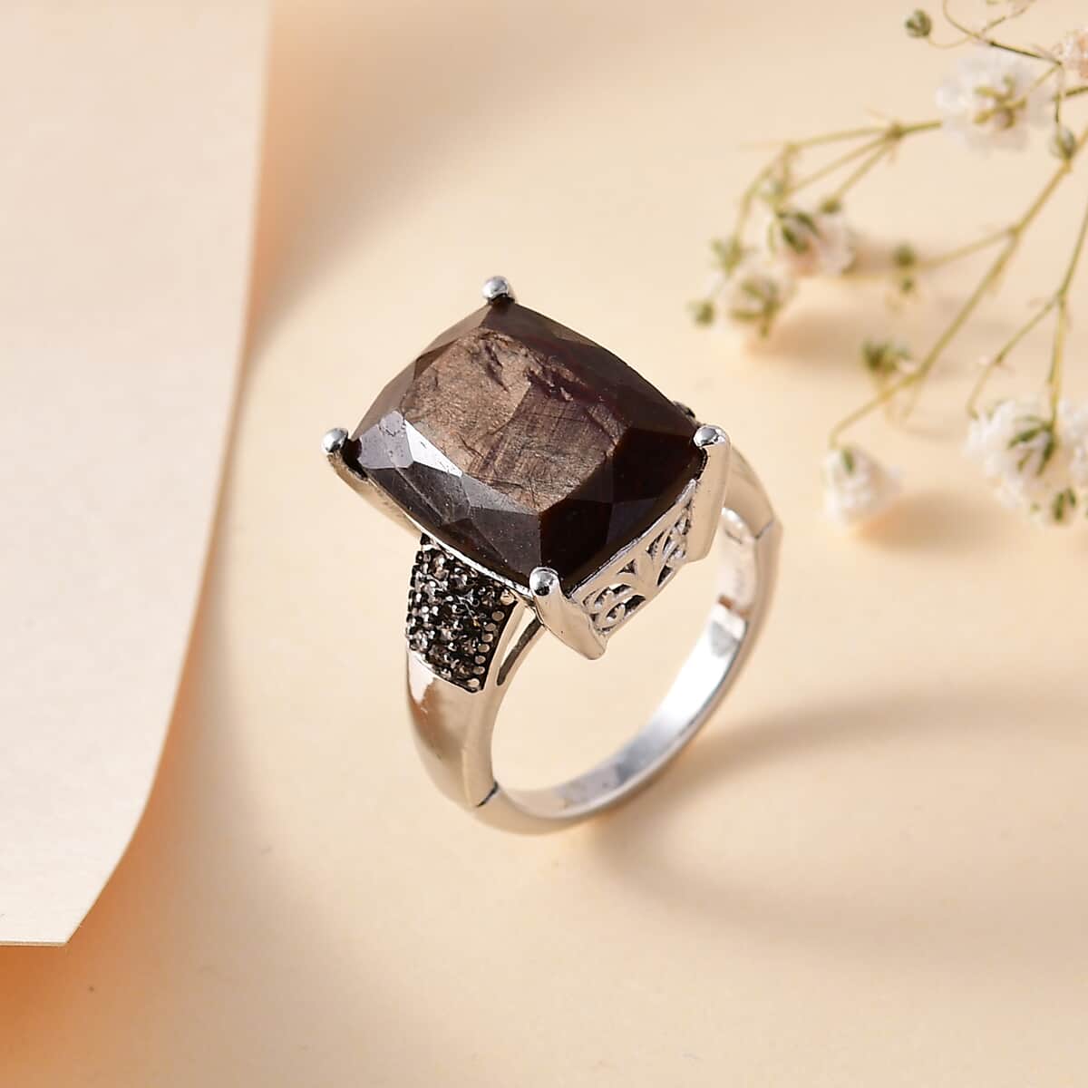 Zawadi Chocolate Sapphire and Champagne Zircon Ring in Rhodium Over Sterling Silver (Size 6.0) 16.15 ctw image number 1