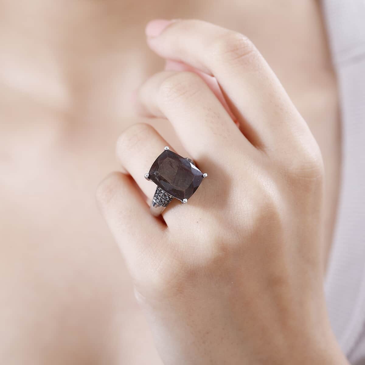Zawadi Chocolate Sapphire and Champagne Zircon Ring in Rhodium Over Sterling Silver (Size 6.0) 16.15 ctw image number 2