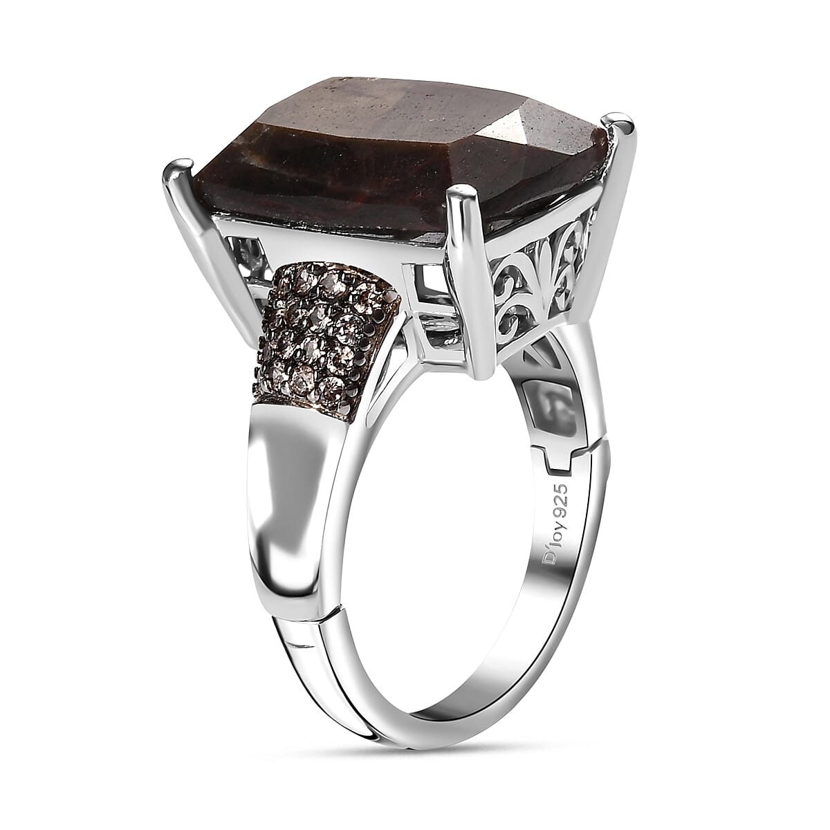 Zawadi Chocolate Sapphire and Champagne Zircon Ring in Rhodium Over Sterling Silver (Size 6.0) 16.15 ctw