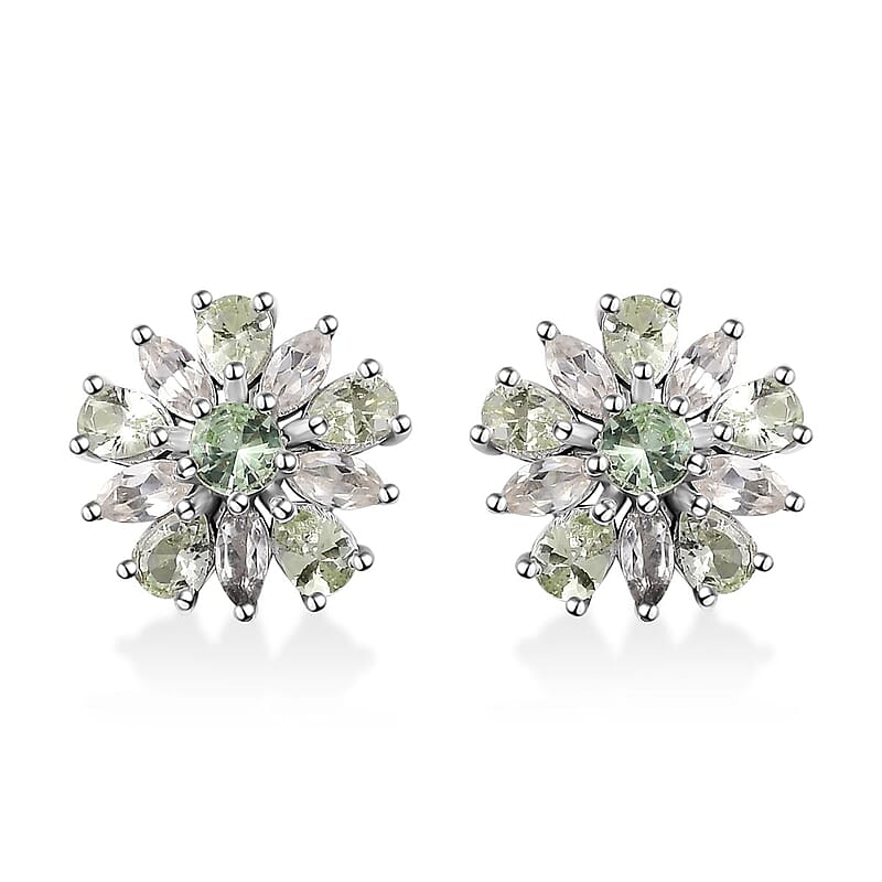 Brazilian Mint Garnet and White Zircon Flower Earrings in Rhodium Over Sterling Silver 3.10 ctw