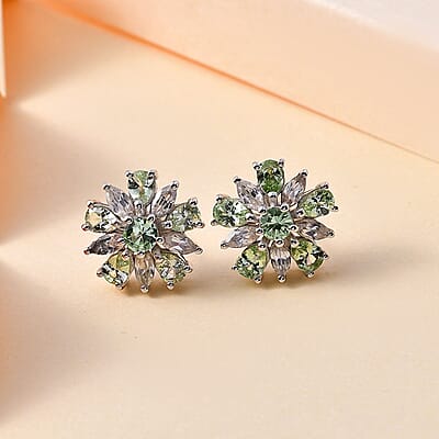 Brazilian Mint Garnet and White Zircon Flower Earrings in Rhodium Over Sterling Silver 3.10 ctw