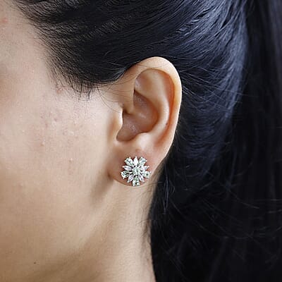 Brazilian Mint Garnet and White Zircon Flower Earrings in Rhodium Over Sterling Silver 3.10 ctw