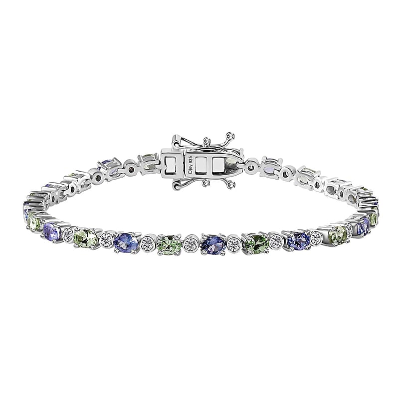 Brazilian Mint Garnet and Multi Gemstone Art Deco Bracelet in Rhodium Over Sterling Silver (6.50 In) 4.65 ctw