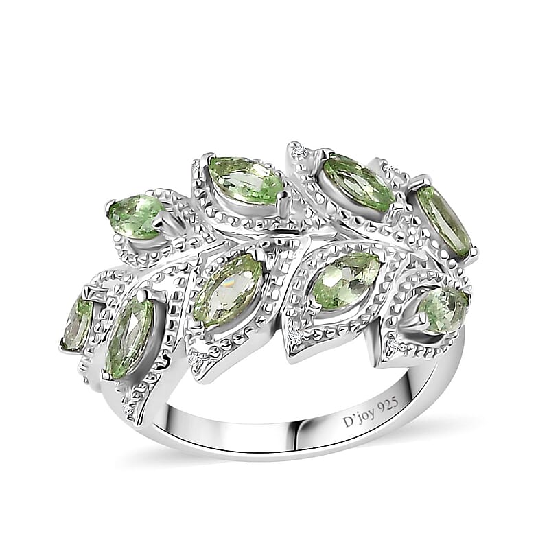 Brazilian Mint Garnet and White Zircon Leaf Ring in Rhodium Over Sterling Silver (Size 5.0) 1.30 ctw