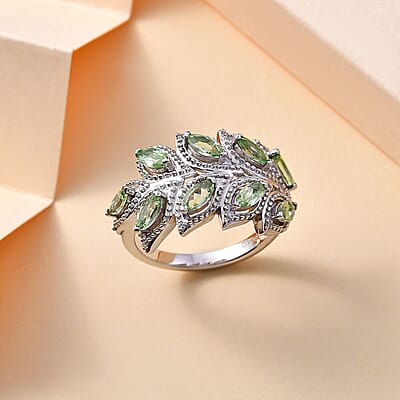 Brazilian Mint Garnet and White Zircon Leaf Ring in Rhodium Over Sterling Silver (Size 5.0) 1.30 ctw