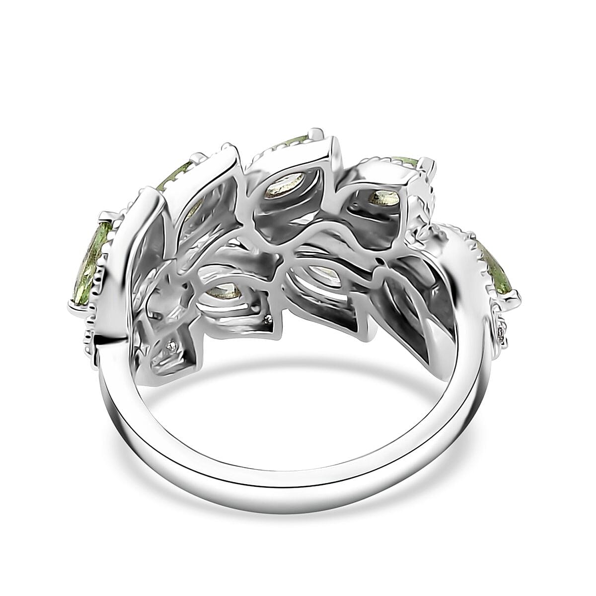 Brazilian Mint Garnet and White Zircon Leaf Ring in Rhodium Over Sterling Silver (Size 5.0) 1.30 ctw