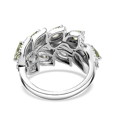 Brazilian Mint Garnet and White Zircon Leaf Ring in Rhodium Over Sterling Silver (Size 5.0) 1.30 ctw